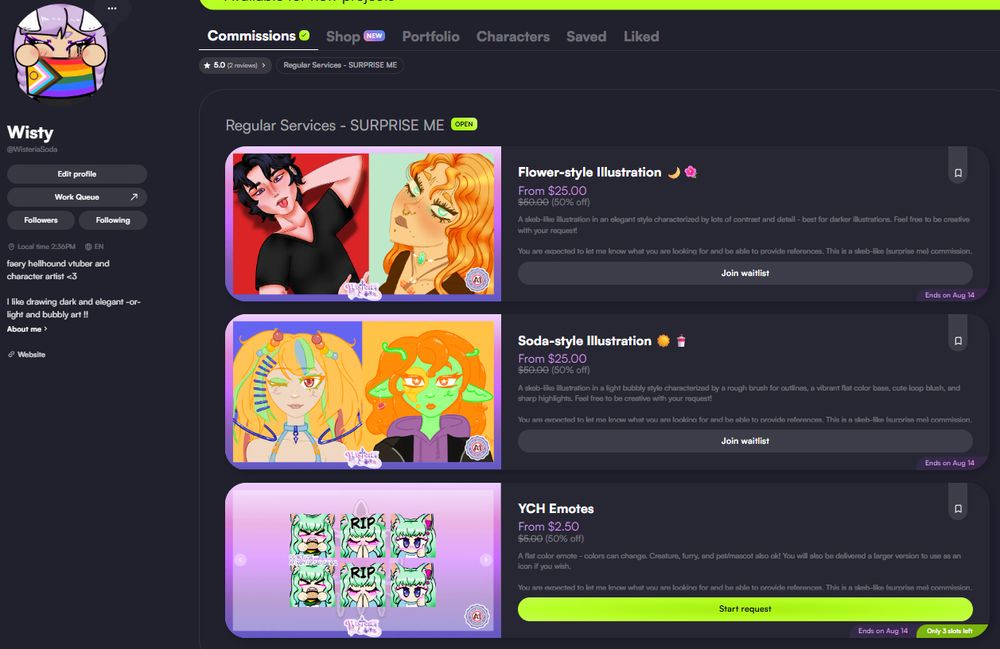 A screenshot of Wisty's commission services. 
