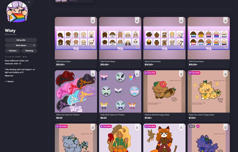 A screenshot of Wisty's shop items.