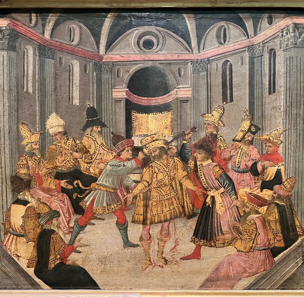 detail from:
The Assassination and Funeral of Julius Caesar, by Apollonio di Giovanni and Marco del Buono Giamberti (15th Century) 
- in the Ashmolean Museum, Oxford 