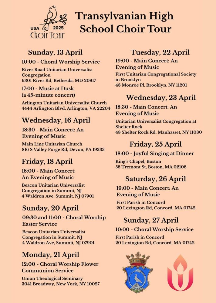 Performance schedule for the Transylvanian High School Choir. Future dates are 4/18 in Summit NJ, 4/20 in Summit NJ, 4/21 in NYC, 4/22 in NYC, 4/23 in Manhasset NY, 4/25 in Boston, 4/26 in Concord MA, 4/27 in Concord MA 