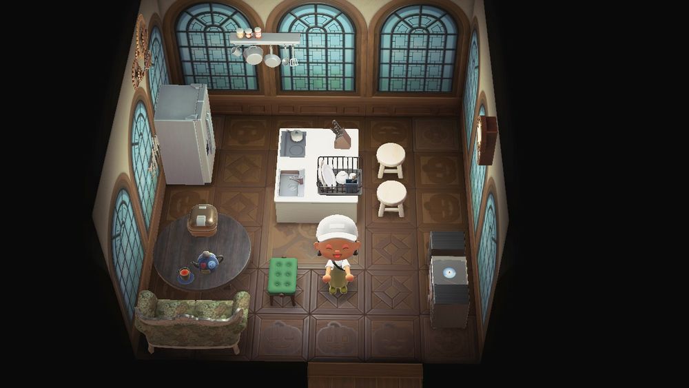 um quarto em animal crossing new horizons decorado pra parecer uma cozinha