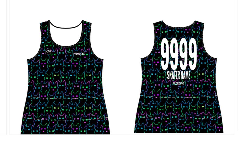 Front and back mock ups of a scrimmage jersey from point seven five that is predominantly black in color with a neon cat pattern. Back of jersey shows number 9999 and space for a skater name. Both sides show room for pronouns. 