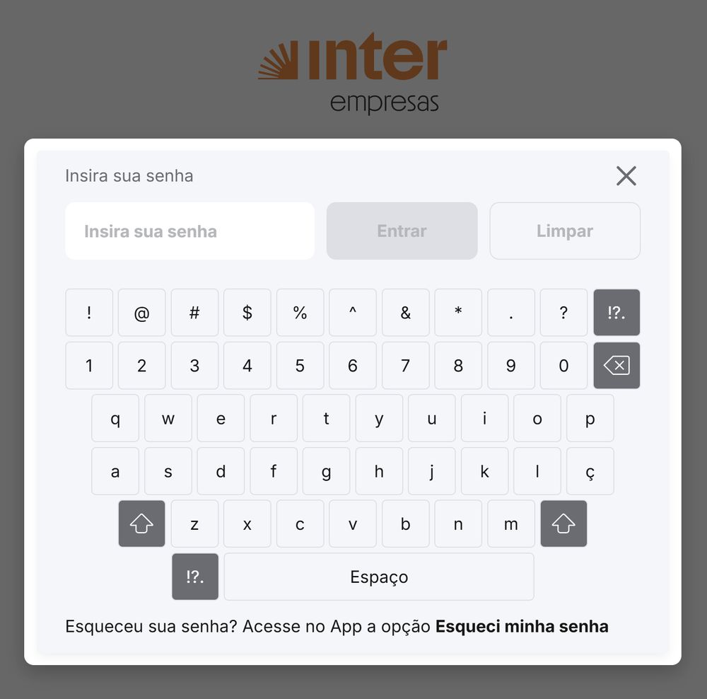 Teclado virtual para inserção de senha do banco Inter.
