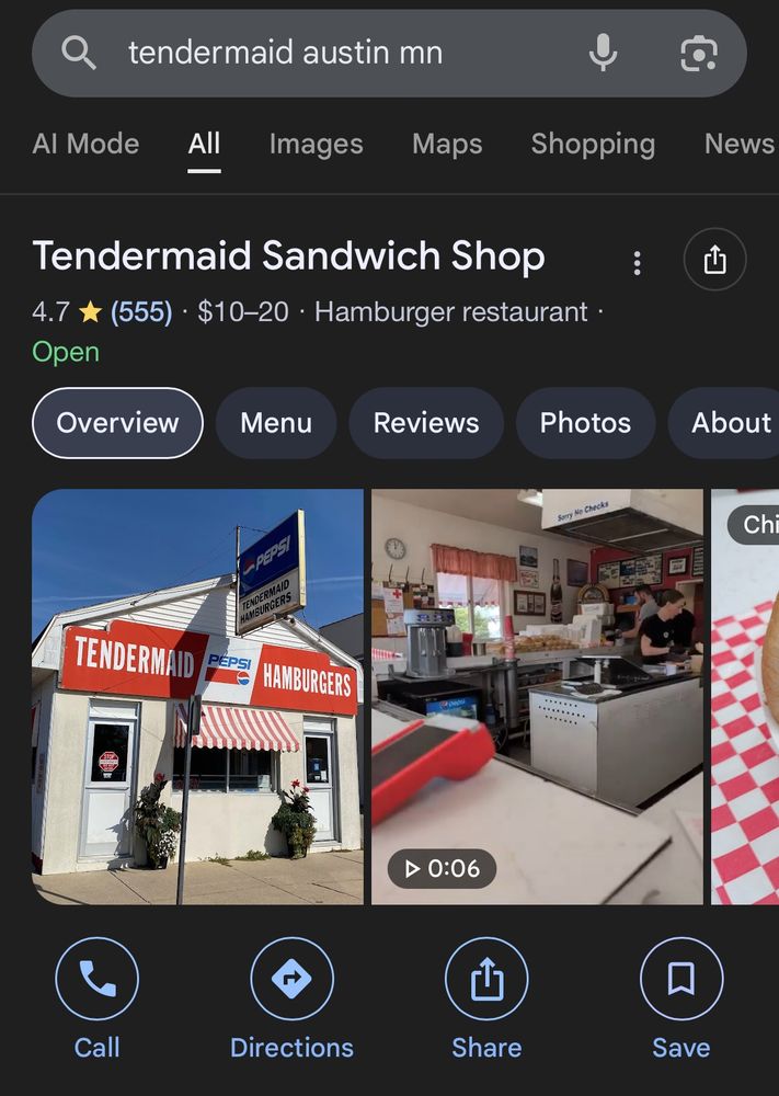 Google results for “tendermaid sandwich shop”
