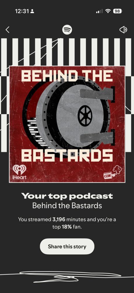 Spotify wrapped top podcast page featuring behind the bastards