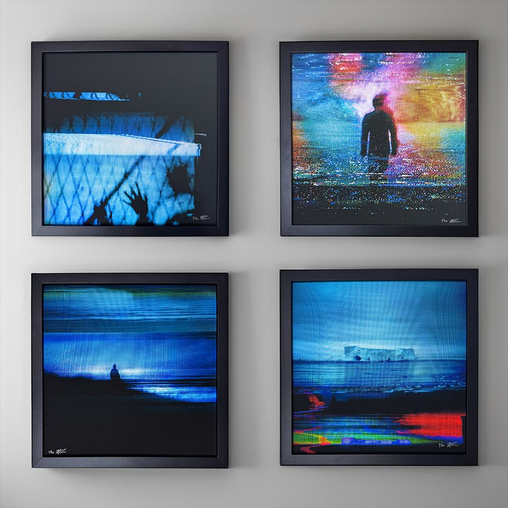 Four square analog glitch prints by Rob Sheridan in black frames. "An Omen," "analog(oblivion) 010b," "analog(oblivion) 008," and "Ice Age." New signed/numbered 12" x 12" "album editions" that come in a frame. Limited to 30 pieces each, out now at https://robsheridan.storenvy.com/collections/1237392-analog-glitch-prints