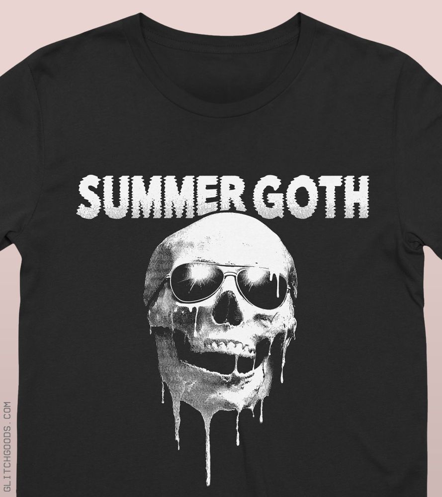 “SUMMER GOTH” t-shirt design by Rob Sheridan. A smiling skull face wearing sunglasses is melting as it stares into the summer sun. Available at https://robsheridan.threadless.com