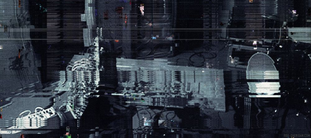 "Nine Inch Nails: Survivalism" single cover art by Rob Sheridan, 2007. Digital glitch / data corruption of surveillance camera footage of a raided/trashed room where Nine Inch Nails had been playing protest art in the "Year Zero" concept album's dystopian alternate reality game.