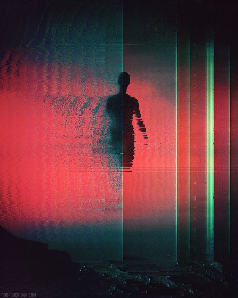 "Turbulence." Digital glitch art by Rob Sheridan, 2025. The distorted shape of a person is breaking apart over a glitched red backdrop.