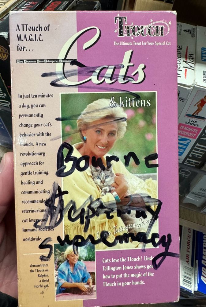 An old VHS tape called “A TTouch of M.A.G.I.C. for Cats & Kittens.” Small print below the title explains that “M.A.G.I.C.” is an acronym for “More Awareness Gains Interspecies Communication.” It appears to be a video guide to some kind of massage technique for cats. The cover photo is a white woman in 90s-Mom stylings clutching a cat to her chest, staring at the camera with the most “I make videos about how to rub your cats” kooky cat lady look ever. However, written angrily over the cover of the tape in black Sharpie is “Bourne Supremacy,” with the first failed attempt at rage-spelling “Supremacy” crossed out. The title of the tape is also scribbled out, with an intensity in the strokes that suggests some husband trope was so fucking sick of this video and needed somewhere to record their Jason goddamn Bourne movie. One can begin to feel the story of family drama behind this tape.