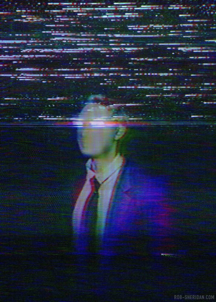 “Model Citizen” by Rob Sheridan. Analog VHS glitch art of a distorted faceless businessman 