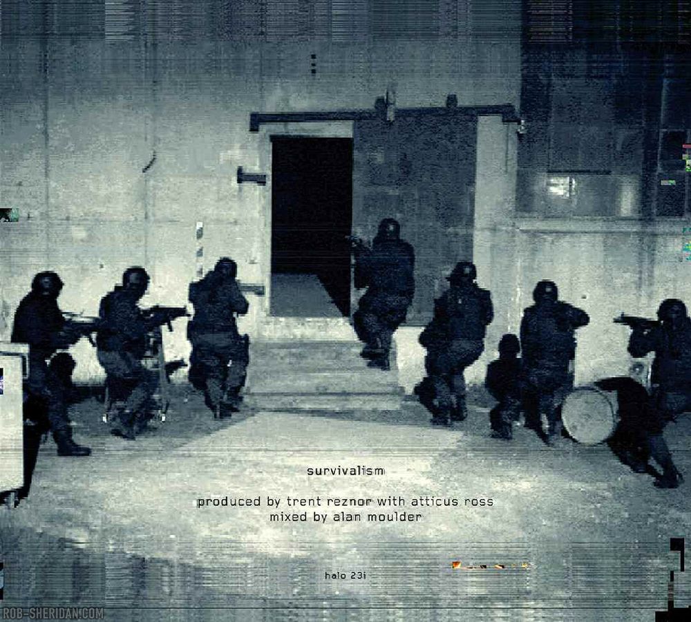 "Nine Inch Nails: Survivalism" single cover art by Rob Sheridan, 2007. Digital glitch / data corruption of surveillance camera footage of armed SWAT team raiding a building. From the concept album "Year Zero," and part of its dystopian alternate reality game.