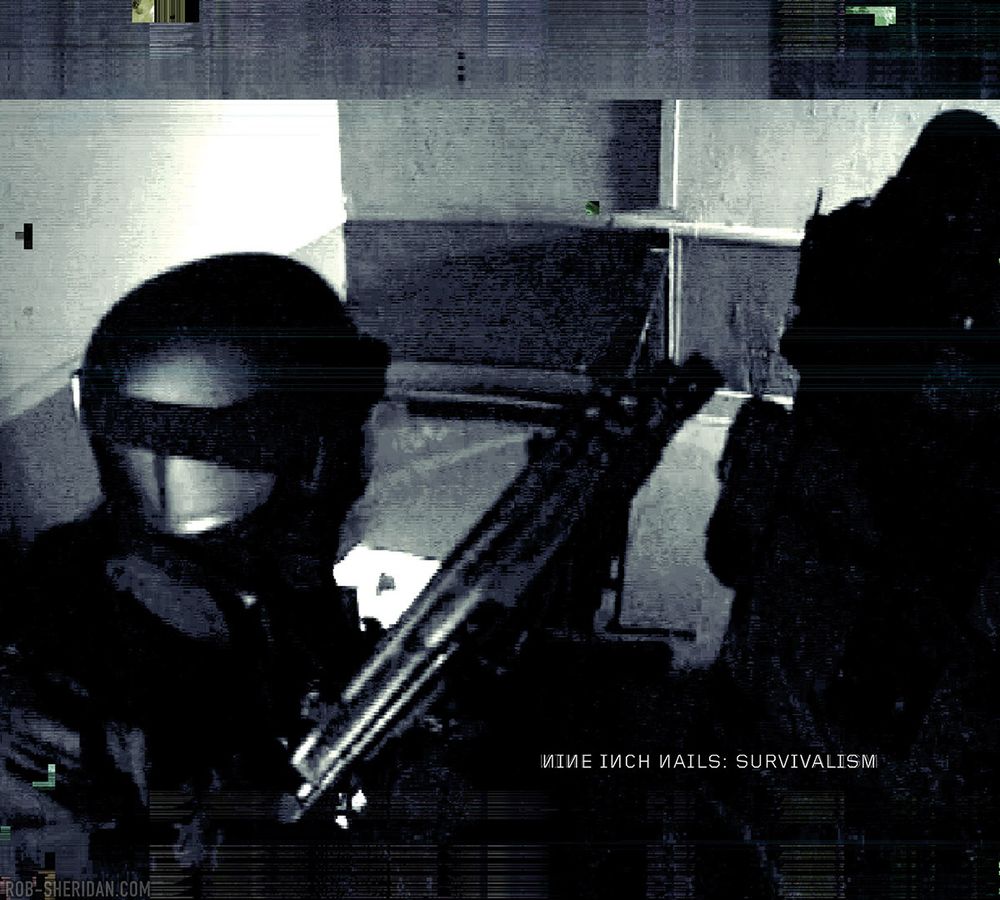 "Nine Inch Nails: Survivalism" single cover art by Rob Sheridan, 2007. Digital glitch / data corruption of surveillance camera footage of armed SWAT team raiding a building. From the concept album "Year Zero," and part of its dystopian alternate reality game.