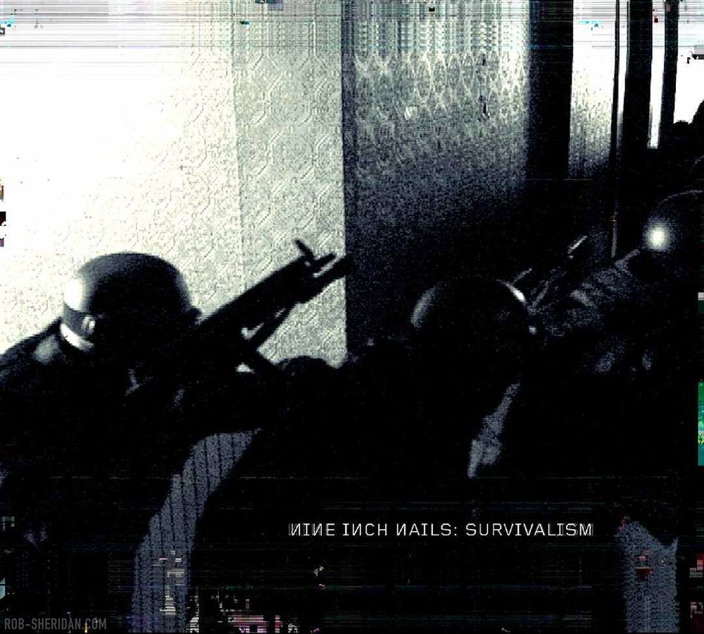 "Nine Inch Nails: Survivalism" single cover art by Rob Sheridan, 2007. Digital glitch / data corruption of surveillance camera footage of armed SWAT team raiding a building. From the concept album "Year Zero," and part of its dystopian alternate reality game.