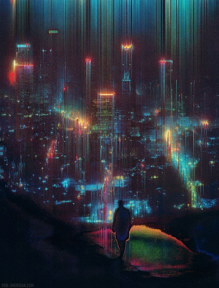 "City of Forgotten Dreams" glitch art print by Rob Sheridan. Through heavy layers of glitch distortions, a lone figure approaches a glistening city at night. From my "Dystopika" series.