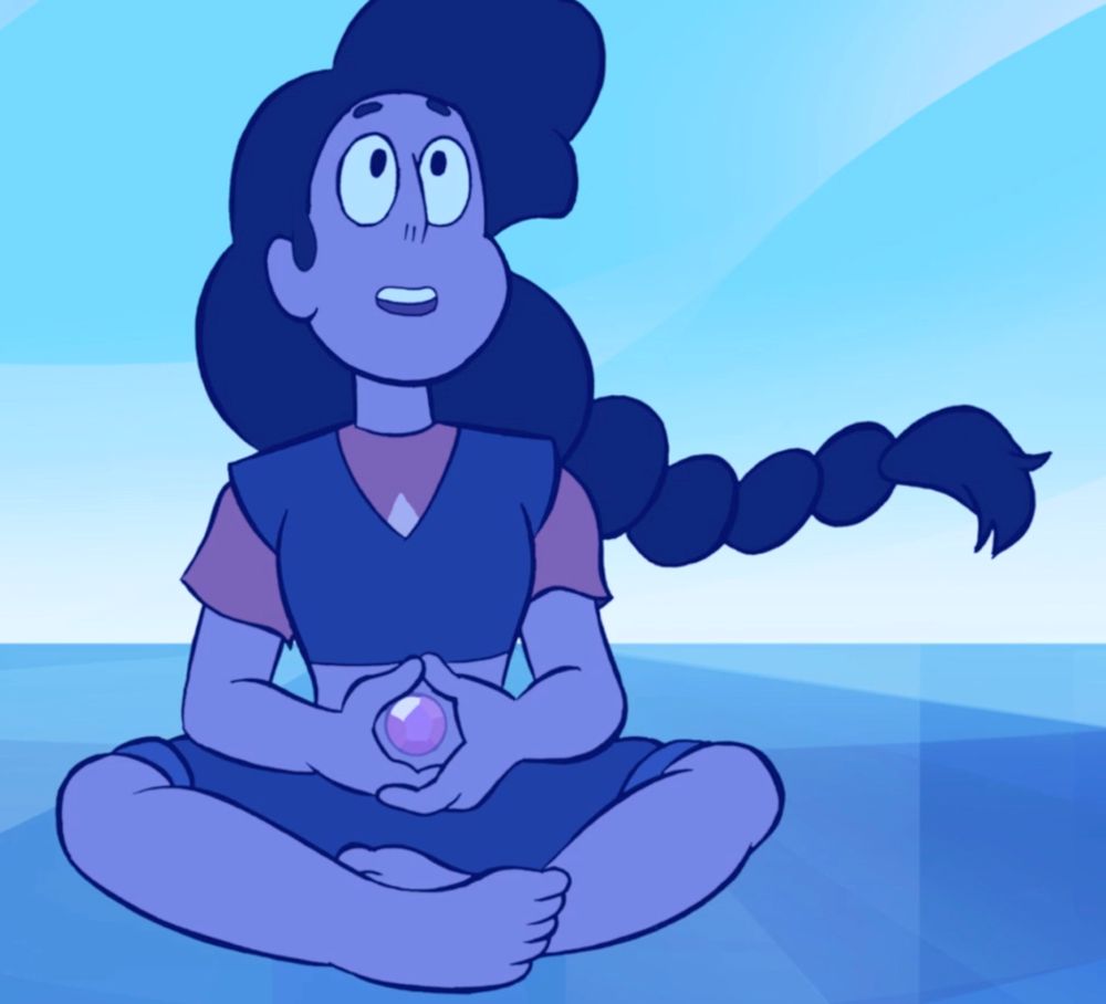 Stevonnie in the episode Here Comes a Thought, learning grounding techniques from Garnet. They're seated in a lotus pose with their hands together over the gem in their belly, with long braided hair swept to the side