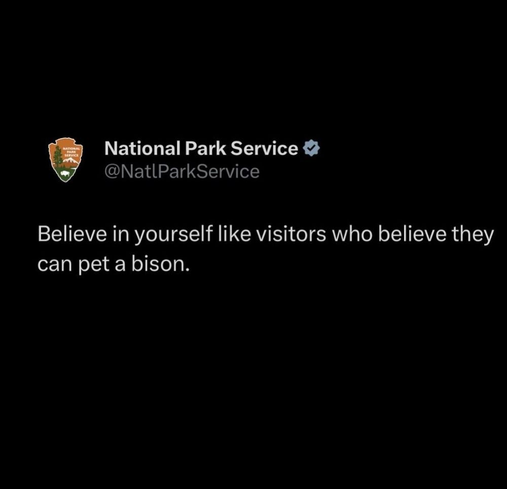 A post by NPS saying "Believe in yourself like visitors who believe they can pet a bison".