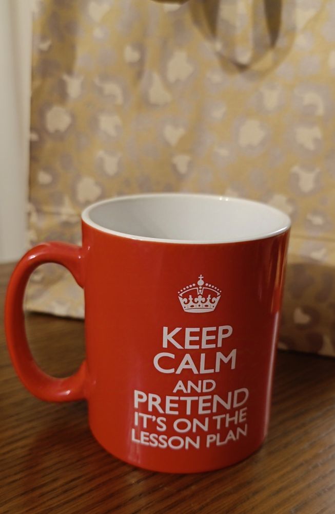 A red mug with the inscription "keep calm and pretend it's on the lesson plan", with a crown on top of it in the manner of the 2nd world war slogan. It sits on a dark wooden surface against a gift bag with leopard print.