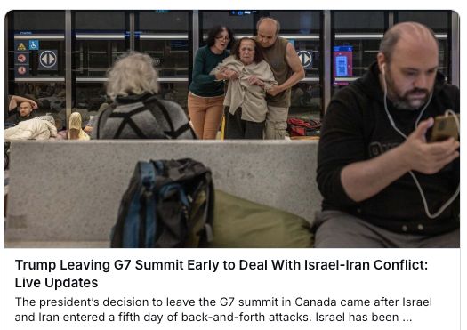 Confusing picture of a man and a woman helping an older woman walk(?) toward a couch(?). A large bald man is down front right with earbuds in, looking at a phone. Other people are lounging about. Seems entirely unrelated to Donald leaving the G7 meeting, which is the headline it is under.
