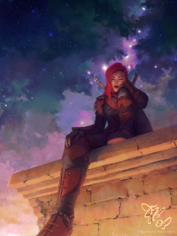 Digital painting of Lorelei Carminbow (OC) sitting on the edge of the wall, looking down at the city lights in the sunset, while above her is the night sky with a purple nebula