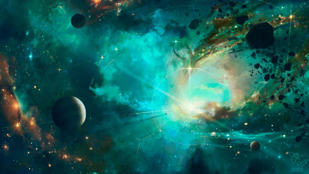 Digital art of a greenish nebula with planets around where in the middle a dragon-like creature out of cosmic clouds spreads threads from a star