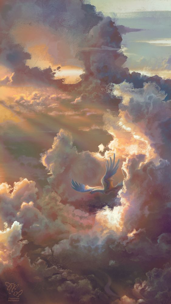 High up in the sky, amongst the heavy clouds lit by rare sunrays, flies a bluish half-feathered dragon