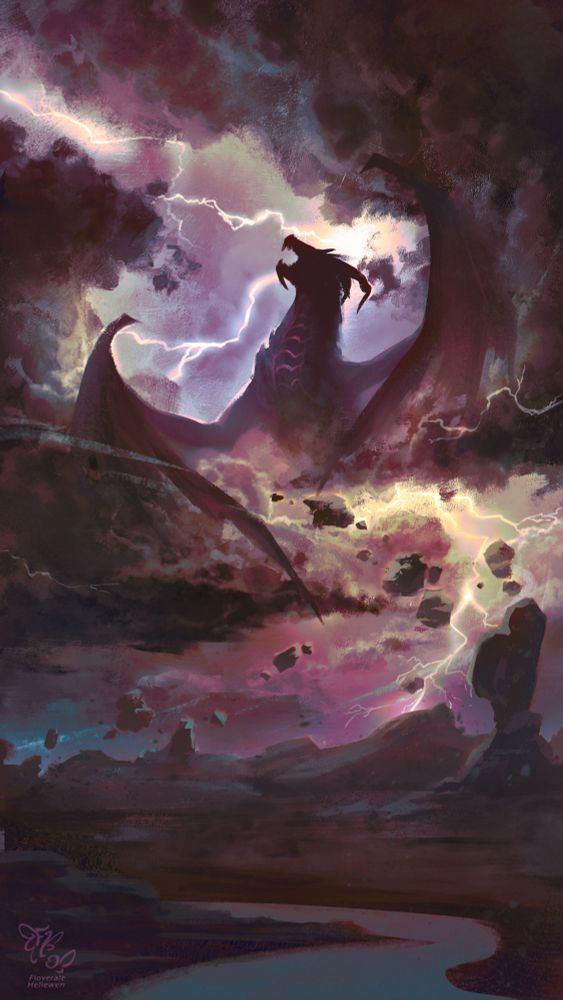 A dark dragon emerging out of storm clouds, swirling them with its wings and raising stones off the ground, while lightning flashes in the environment