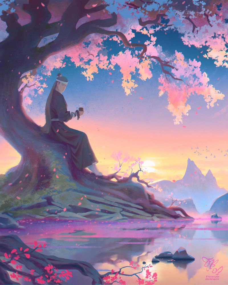 Thai Lung (OC) is sitting on the side of a blooming peach tree, holding a teacup and looking towards the viewer. The lake is below with petals falling into the water, and sunset sunlight shines from behind.