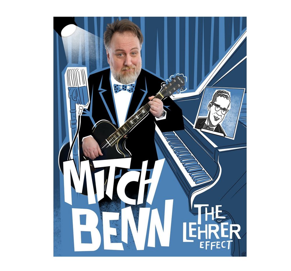 Poster for Mitch Benn The Lehrer Effect, with Mitch in a suit and bow tie playing a guitar by an old-style mic, and a piano with a photo of Tom Lehrer on it