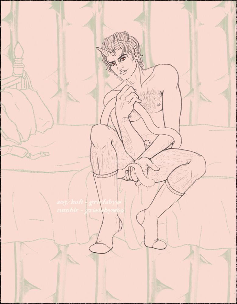 The image is lined fanart with Steve nude, sitting on a bed. He's wearing calf high socks and is a demon, so he has horns and a tail also. His red eyes look at the viewer and he has a slight smile. He's holding his tail in both hands like an offering, and his erection is mostly hidden behind his arms. There is lube dripping off of the end of his tail.