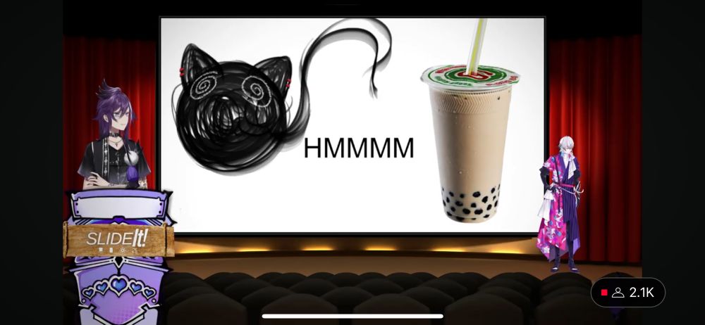 A screenshot of a livestream. There is an image of a goo cat and a milk tea with boba separated by the word HMMMM