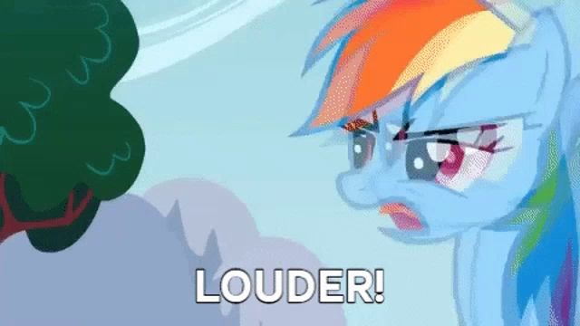 rainbow dash from my little pony says louder while standing next to a tree