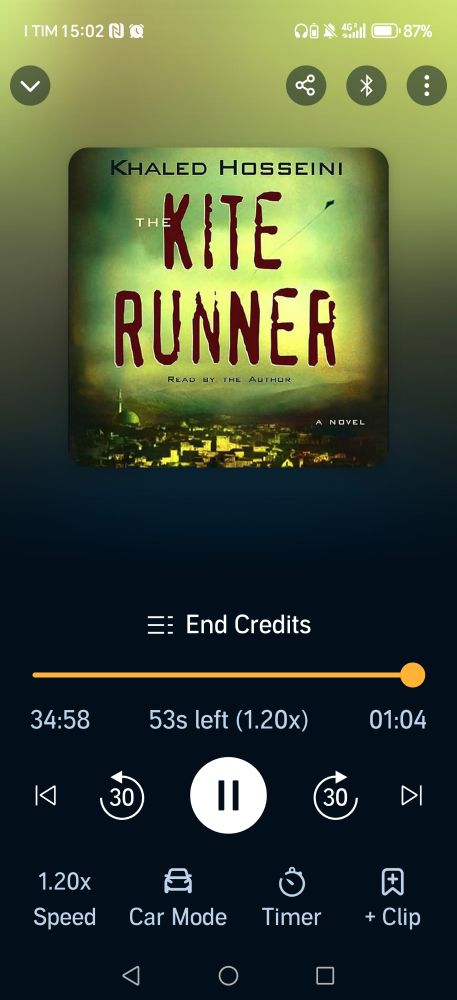 Screenshot of an audiobook player on a mobile device showing The Kite Runner by Khaled Hosseini. The screen displays the cover art with the title in large red letters, and playback controls below indicating 53 seconds left in the “End Credits” section, playing at 1.20x speed.
