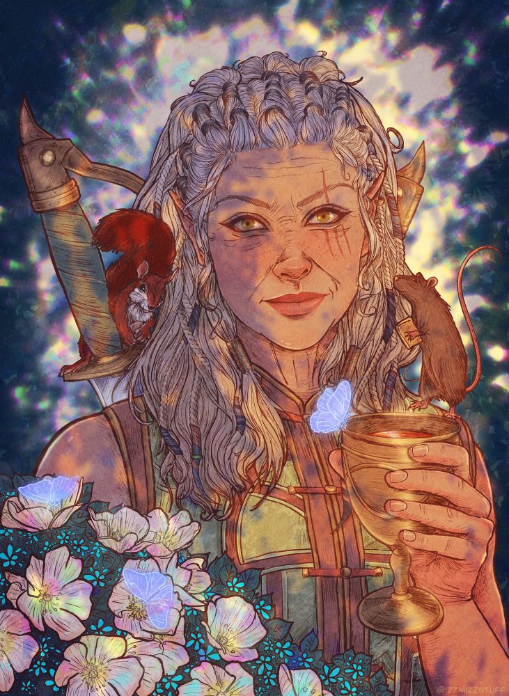 A fantasy-style portrait of Jaheira, a half-elf with long braided silver hair and golden eyes. She holds a golden goblet with a glowing blue butterfly on it. A rat perches on the goblet, and a red squirrel sits on her shoulder. She is surrounded by glowing, pastel-colored flowers and wears a leather outfit with green and brown tones. The background is starry and magical.