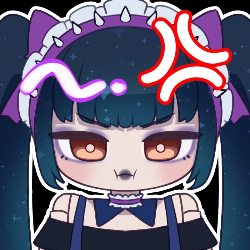 A angy Dahlia emote with an anger mark on her head and puffed out cheeks