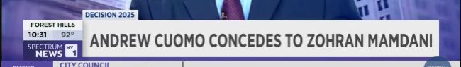 Chyron headline with the text "Andrew Cuomo Concedes to Zohran Mamdani"