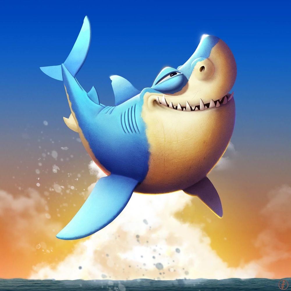 A digitally painted image of a fat great white shark breaching 