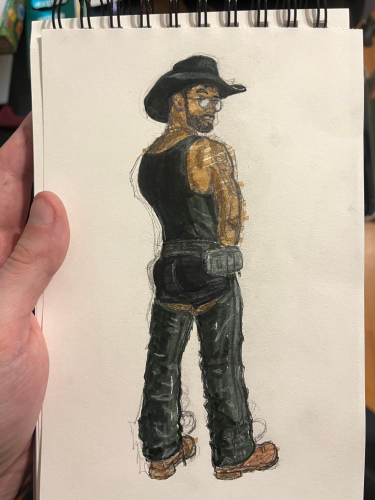 Hand sketched/colored portrait of sinh.bsky in black tank top, shorts, and assless chaps with black cowboy hat 