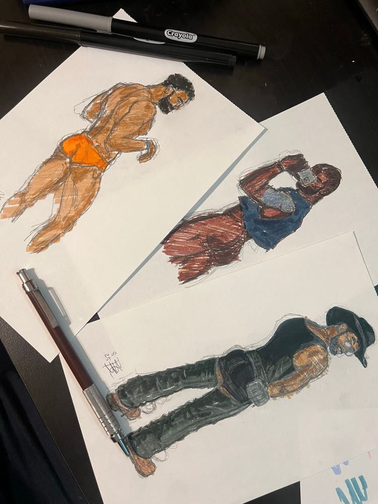 Three hand sketched and colored portraits of sinh.bsky in different outfits 