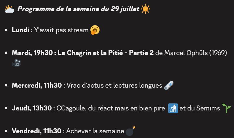 🌥️  Programme de la semaine du 29 juillet ☀️

Lundi : Y'avait pas stream 🥱

Mardi, 19h30 : Le Chagrin et la Pitié - Partie 2 de Marcel Ophüls (1969) 🎥

Mercredi, 11h30 : Vrac d'actus et lectures longues 🗞️

Jeudi, 13h30 : CCagoule, du réact mais en bien pire  🚮 et du Semims 🌱

Vendredi, 11h30 : Achever la semaine 💣