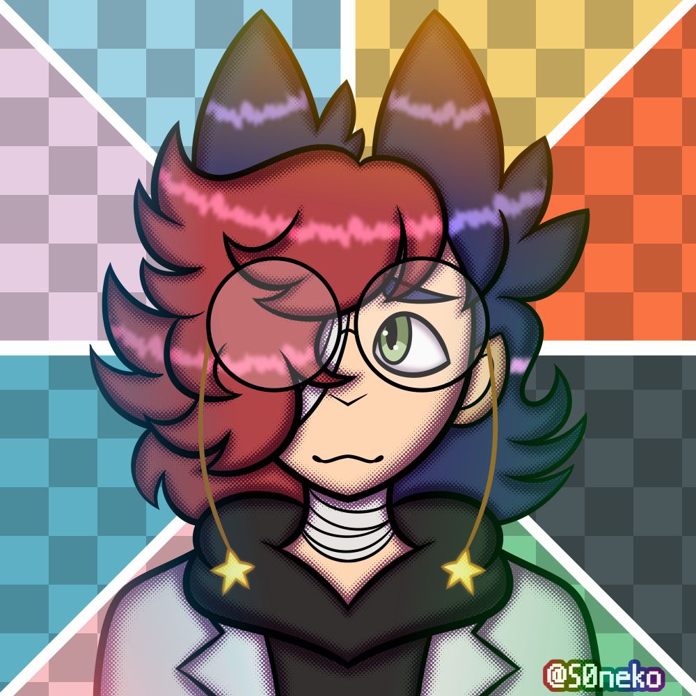 Bustshot artwork of Corruptedfilessys's sona, Chip. They have very fluffy red and navy blue hair, there are bandages covering the right side of their face and on their neck. They're wearing a grey hoodie with a lab coat over it and their glasses have dangling bits with stars at the end. 

The background is split into the 8 different colours representing each Eeveelutions, a checkerboard pattern is overlayed on top of the colours