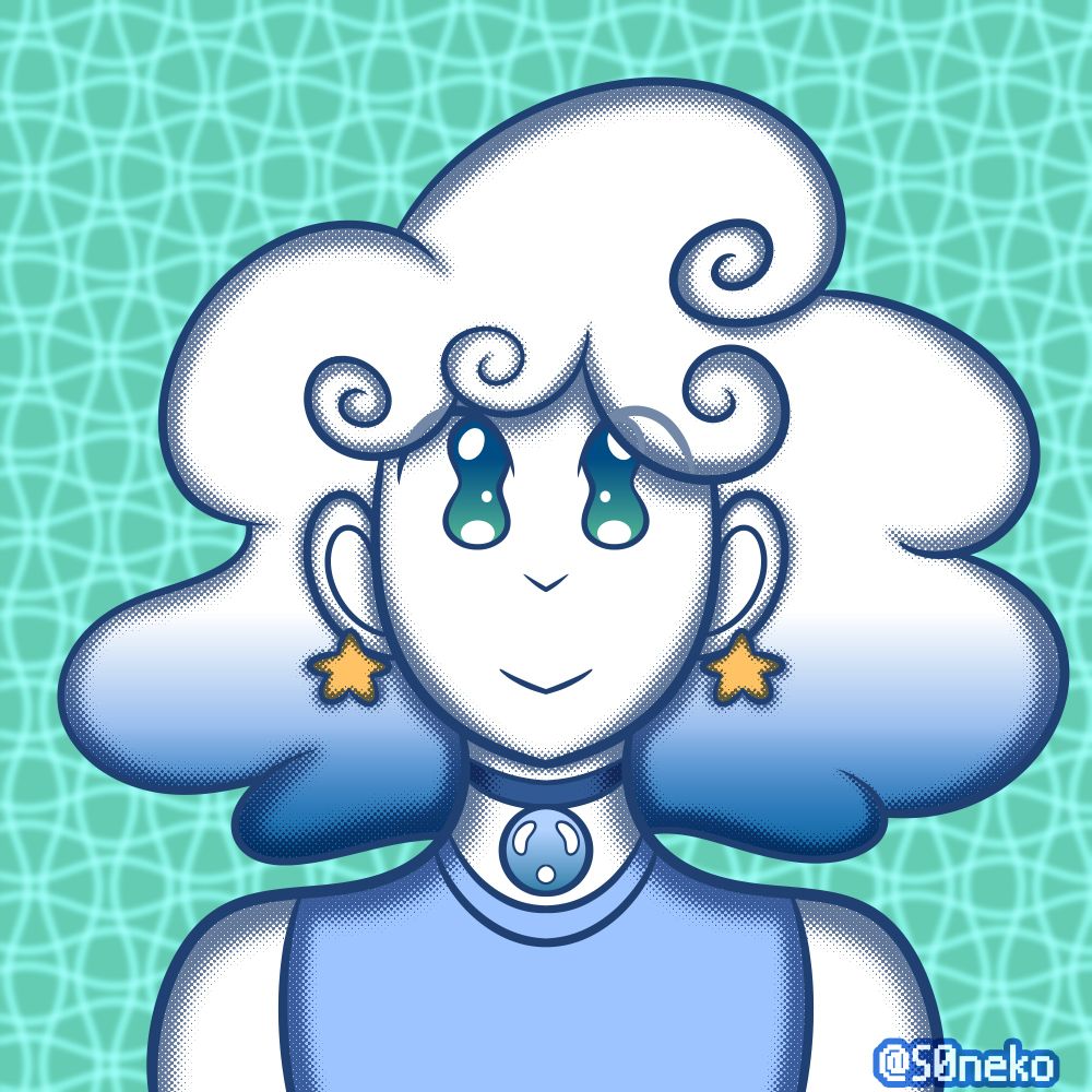 Bustshot artwork of AgentRoses's OC Soda Popkins, a cloudy water elemental! She is smiling while looking at the viewer. The background is a faint white reapeating sqiggly pattern on a light blue canvas