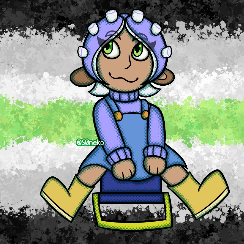 A Chibi Fullbody of Loki-Phantom's Splatoon OC Ohariko, an octoling fashion designer! They are sat on top of a Tri Slosher. The background is the agender flag made out of many paint splats