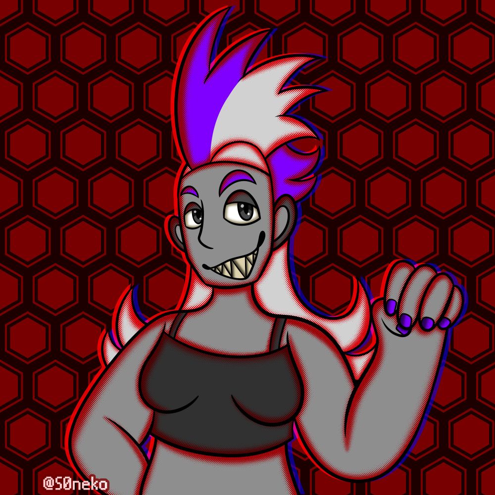 A halfbody artwork of PixelDust's Madness Combat OC "The Raptor", a grey human woman with a white mohawk with purple streaks and a long mullet in the back. She is wearing a dark grey tube top. She is flexing one bicep while the other arm is behind her (i didn't wanna draw another hand)