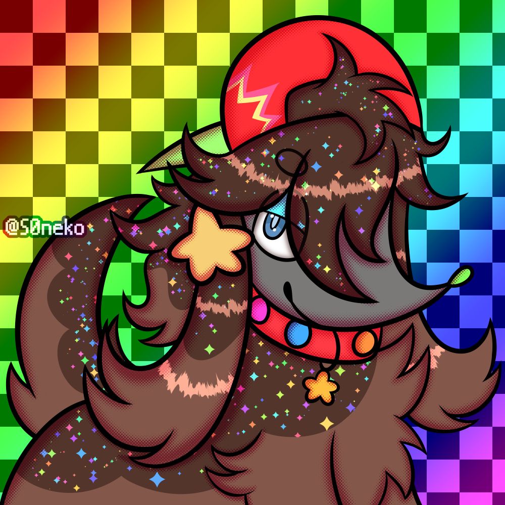 Half body artwork of NeonCrunch's OC Radical, a comic brownie themed Furfrou!
