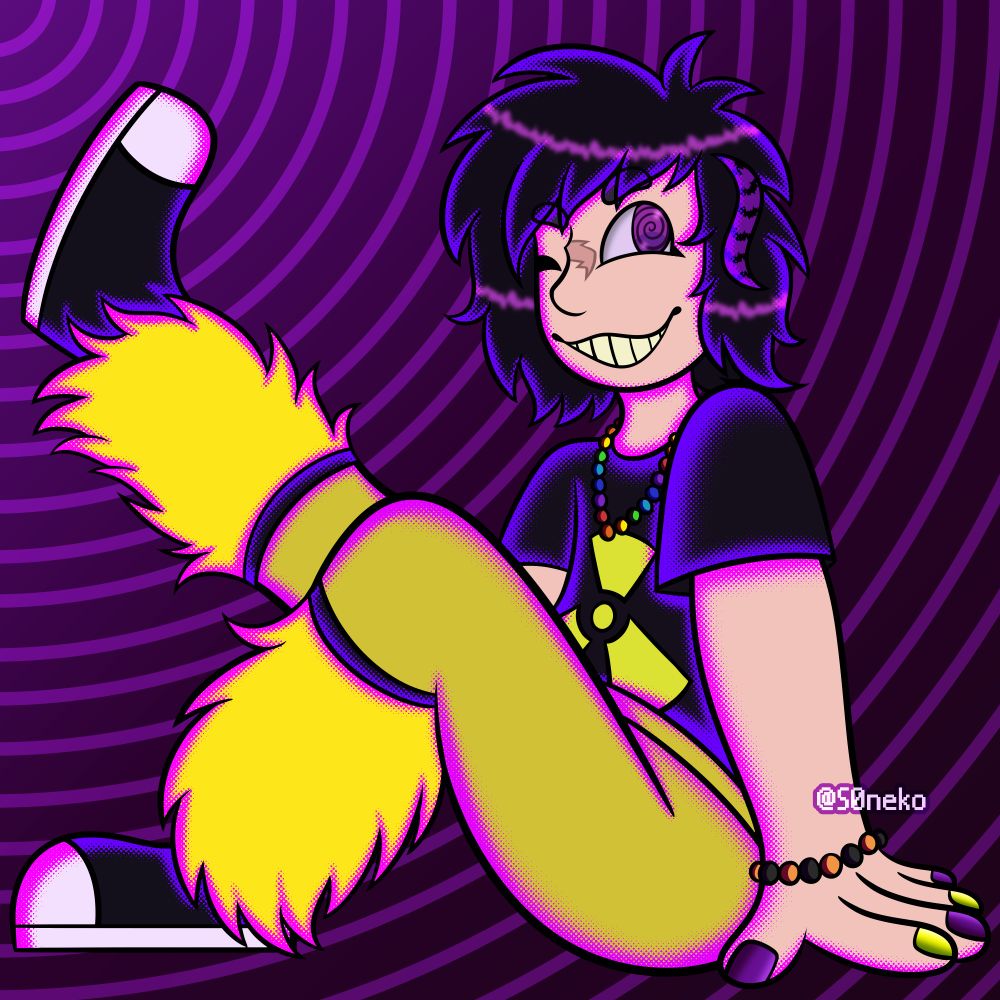 Fullbody artwork of ChronicGrails's character Alister, an Alton Towers Smiler OC. He is sat down with one leg in the air, showing off his yellow fluffy legwarmers. The background is a repeating spiral pattern on a light to dark purple background