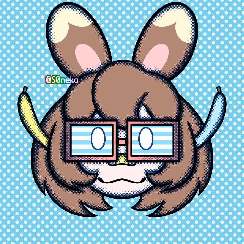 A looping gif of Raespark's Vtuber character in a simple line boil animation. The character has fluffy brown hair, wires coming out of the hair, rabbit like ears, a plaster on the nose, and Glasses that act like a screen to display digital eyes for the character. The background is blue with white polka dots.