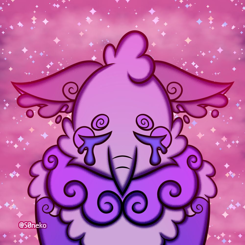 Bustshot artwork of Fallen_Down's OC Primadorian Hypno. This OC is part of an AU me and my friends made based on Pokémon Legends Arceus but this one is in Hoenn instead. In this artwork it is crying while hunched over, looking like it wants to be petted. The background is a magical cloudy atmosphere with twinkling stars.