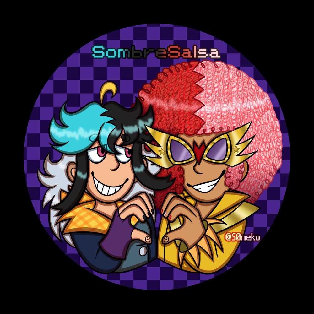 A pin badge design of my OC Ekko doing the heart hands pose with their boyfriend Miror B (from Pokemon Colosseum). The background is a dark and light purple checkerboard pattern.