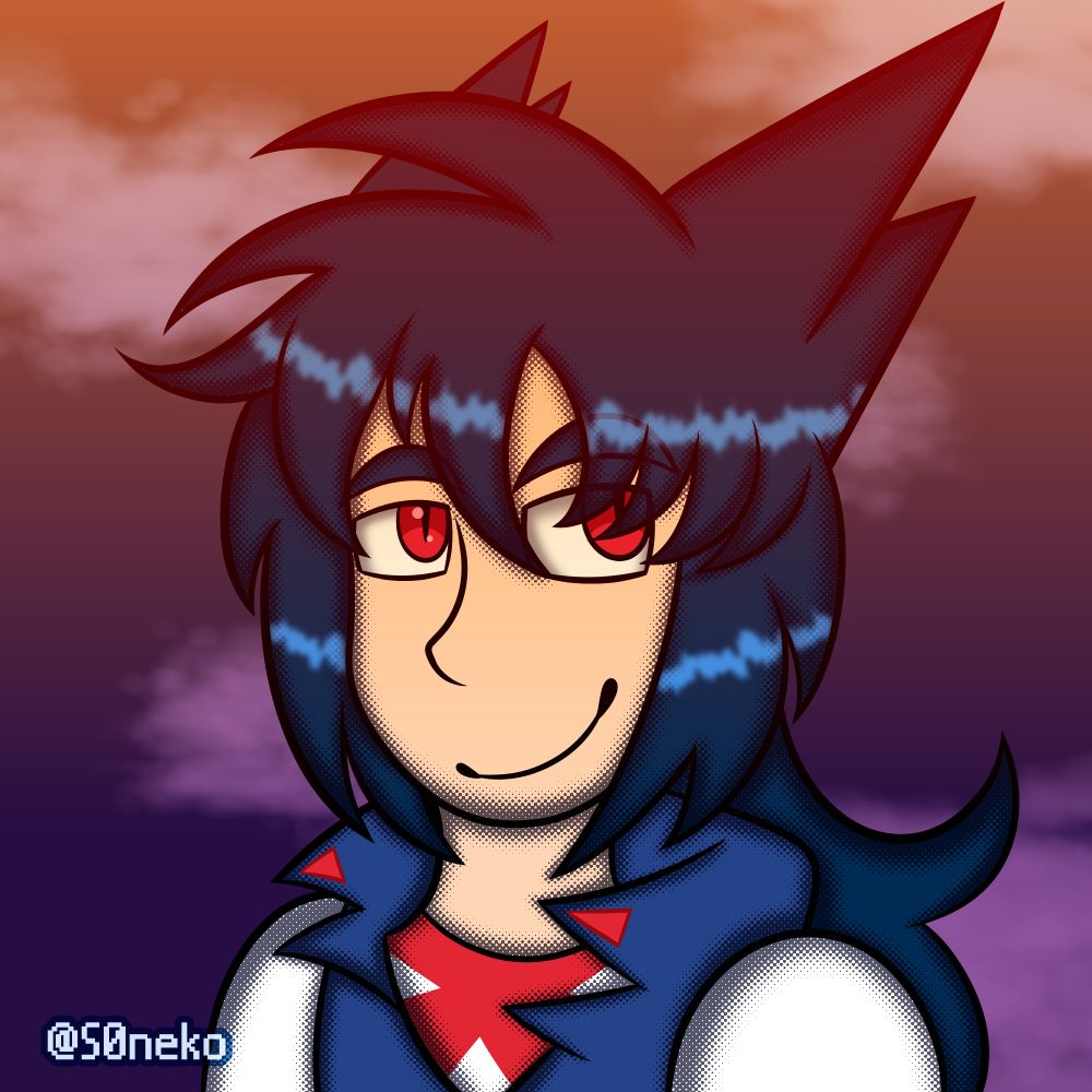 Bustshot Artwork of Art Fight user :Vaporias's OC Latonio, a human form of a Latios. He is looking off into the distance while smiling. The background is a simple sunset with clouds
